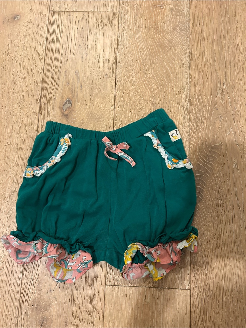 Girls Green Ruffle Hem Shorts with Pink Floral Trim